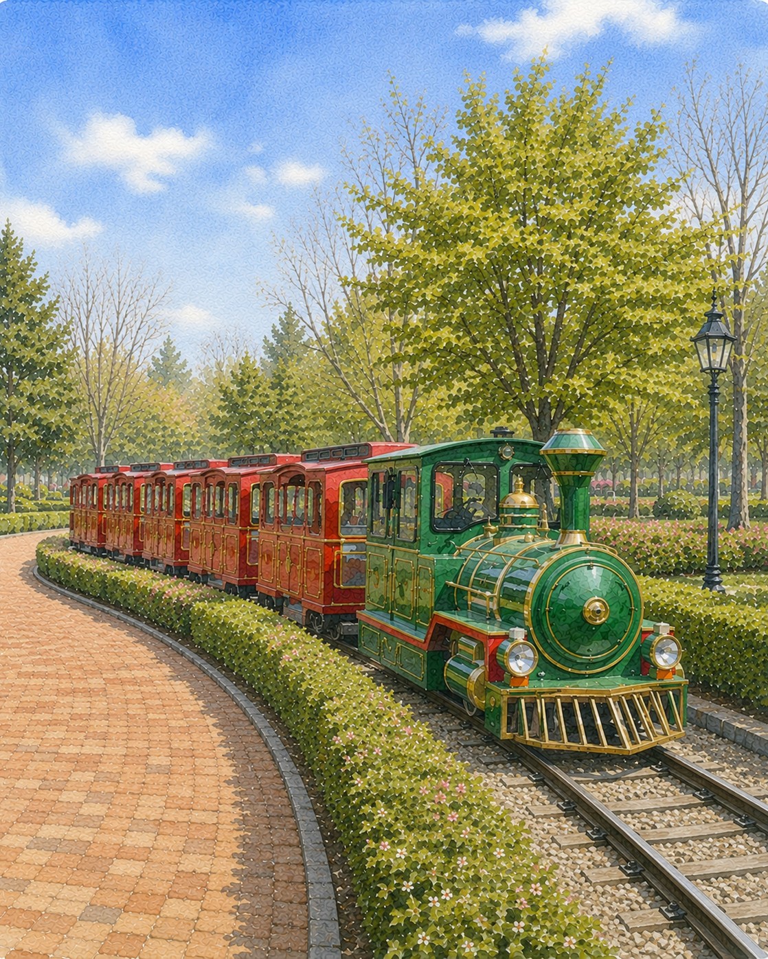 堀内公園の汽車メルヘン号（緑の機関車と赤い客車）の水彩イラスト