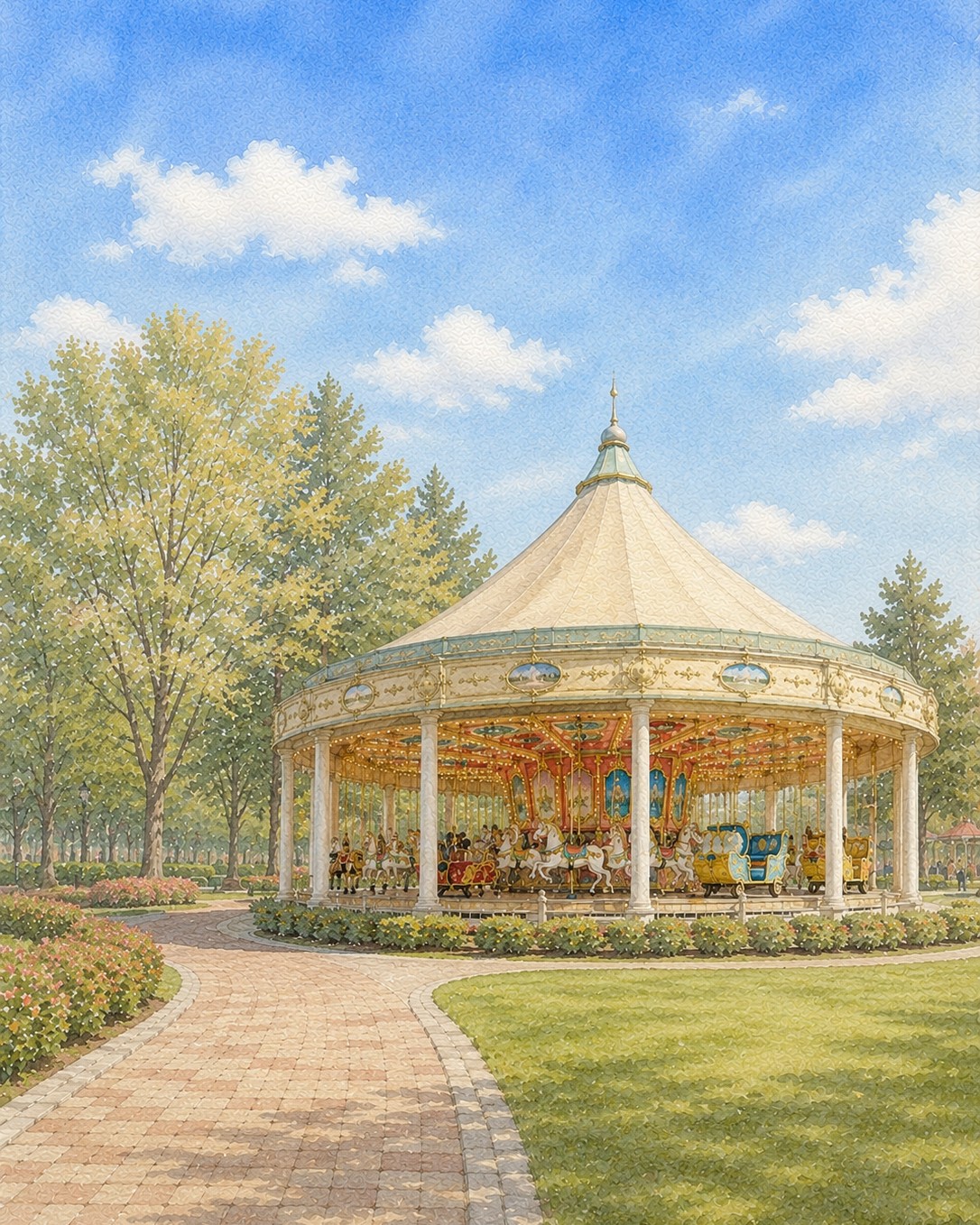 堀内公園のメリーゴーランドの水彩イラスト
