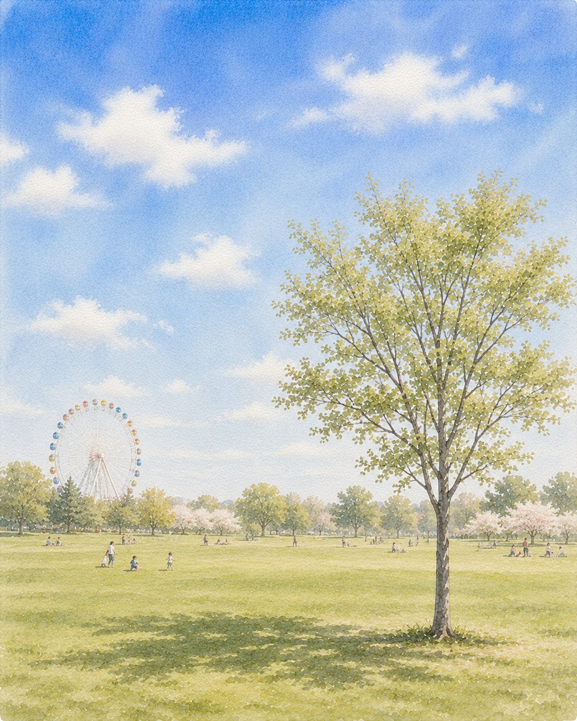 堀内公園の広い芝生広場と観覧車の水彩イラスト