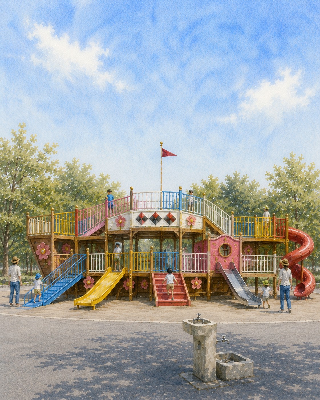 堀内公園の帆船型の大型遊具（フラワーシップ）の水彩イラスト