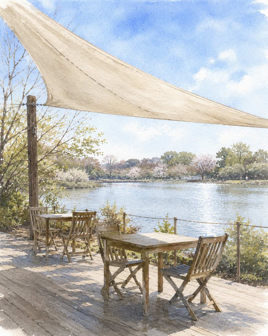 堀内公園の池のほとりのタープ付き休憩所の水彩イラスト