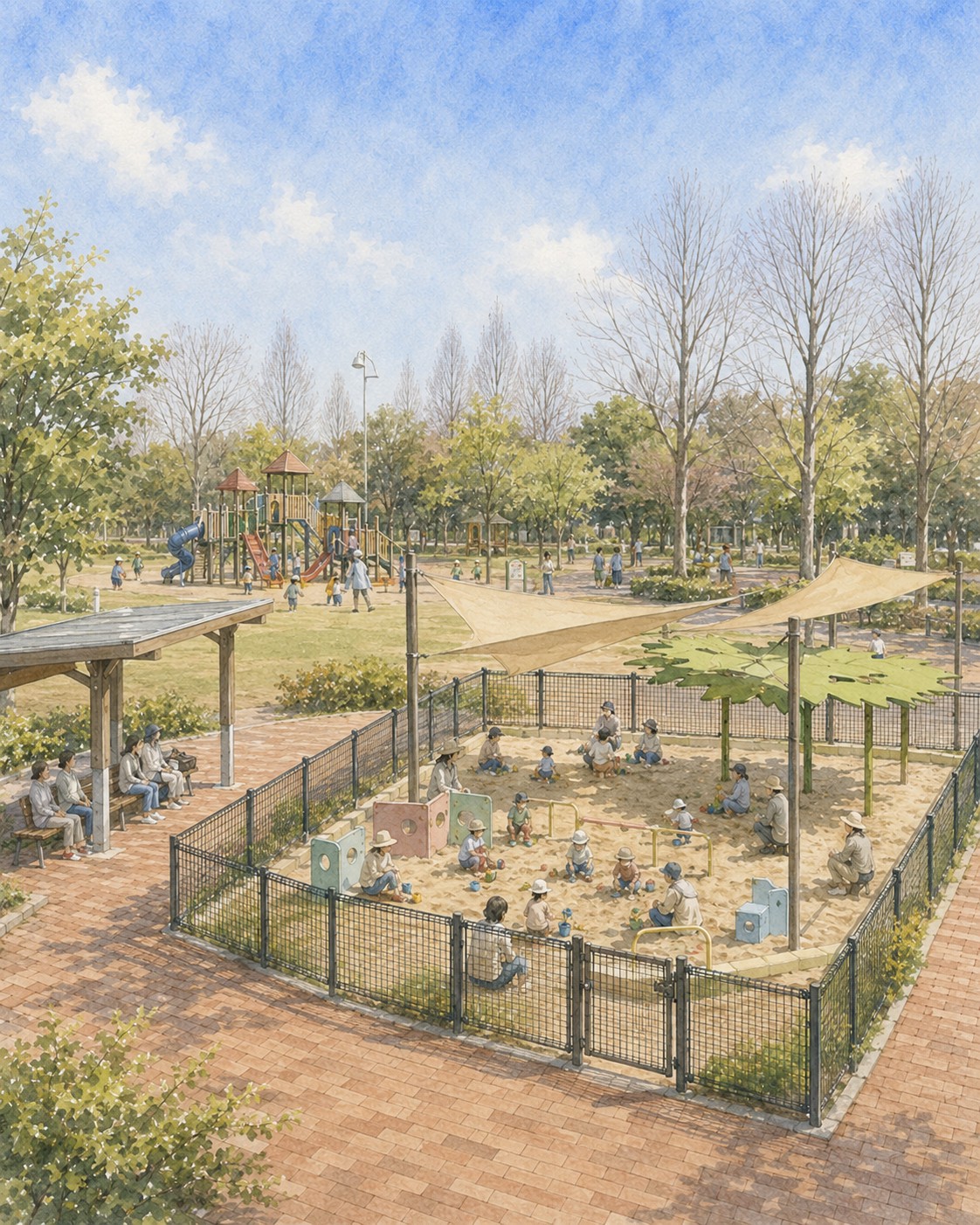 堀内公園のすくすくランド（柵付きの砂場エリア）の水彩イラスト