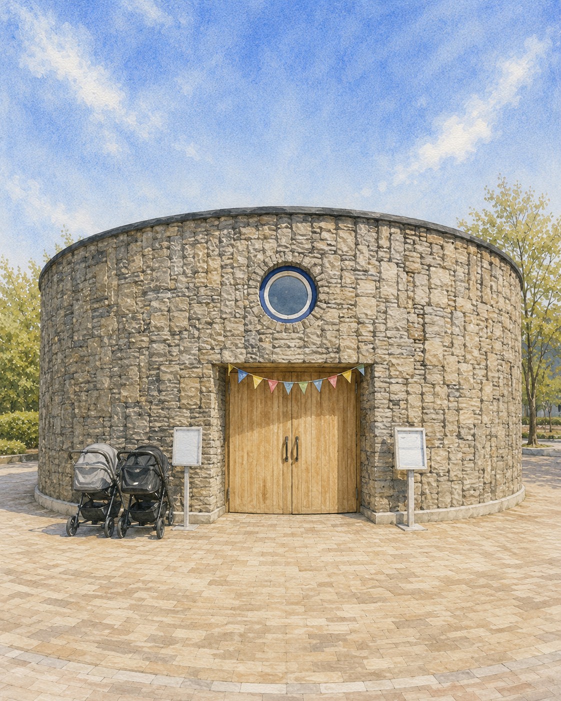 堀内公園の石積みの壁と丸い窓のある建物の水彩イラスト
