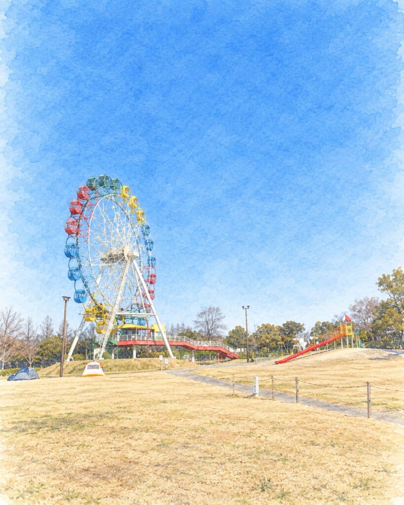 芝生広場から見た堀内公園の観覧車